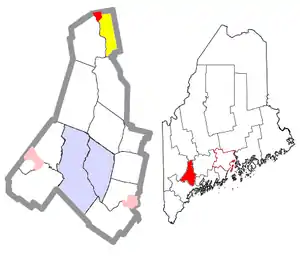 Location of Livermore Falls (in red) in Androscoggin County and the state of Maine