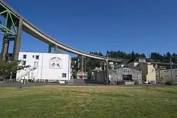 Suomi Hall, the meeting hall of Finnish and Scandinavian immigrants, under the Astoria–Megler Bridge.