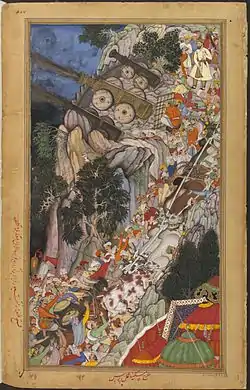 Bullocks dragging siege-guns up hill during Mughal Emperor Akbar's attack on Ranthambhor Fort in 1568.