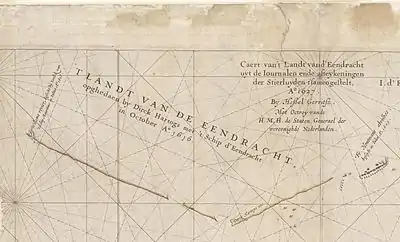 Caert van't Landt van d'Eendracht (detail showing Eendrachtsland) – Text on the close-up crop from the main chart reads, T Landt van de Eendracht, opghedaen by Dirck Hartogs met 't Schip d'Eendracht in October A° 1616 ("The Land of Eendracht", discovered by Dirk Hartog of the Eendracht in October 1616")