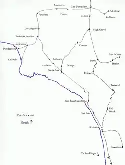 California Central Railway - Santa Fe 1888 route map including Redondo Junction to Port Ballona