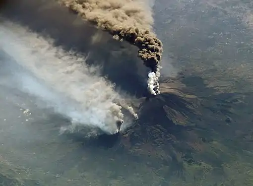 Image 27An October 2002 eruption of Mount Etna, a volcano on the Italian island of Sicily, as seen from the International Space Station. Etna is the largest of Italy's three active volcanoes and one of the most active in the whole entire world. This eruption, one of Etna's most vigorous in years, was triggered by a series of earthquakes. Ashfall was reported as far away as Libya, 600 km (373 mi) to the south. (Credit: Expedition 5 crew.) (from Portal:Earth sciences/Selected pictures)