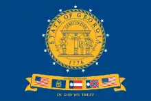 Flag of Georgia, United States (2001–2003) (1777 Flag of the United States, traditional, 1920, and 1956 Georgia flags, and current U.S. flag)