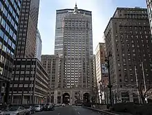 The Beaux-Arts Helmsley Building, a skyscraper in front of the more modern MetLife Building