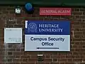 A sign for the fictional Heritage University.
