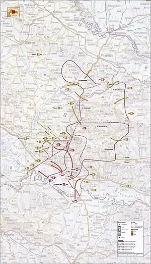 Map of situation of fights in Western Slavonia between September 1991 and January 1992 where is seeable 2nd Krajina Brigade under command of 5th Banja Luka Corps of YPA