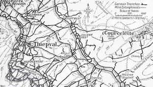 Map showing Mouquet Farm and the German defensive fortifications from Thiepval to Courcelette, July 1916