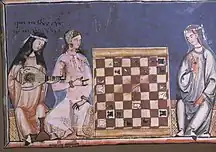 León and Galicia, c. 1283. European image of Muslim Spain, showing a European woman, playing lute or oud for Moorish women.