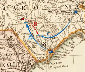 Moore moves from Wilmington, in the southeast of the state, northwest toward Cross Creek in the south-central part of the state. Caswell moves south from New Bern, inland from the middle of the North Carolina coast, toward Corbett's Ferry. MacDonald moves over the Cape Fear River and then southeast toward Corbett's Ferry.