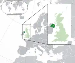 Location of Northern Ireland (dark green)– in Europe (green & dark grey)– in the United Kingdom (green)