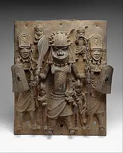 Benin plaque with warriors and attendants; 16th–17th century; brass; 47.6 cm (183⁄4 in.) height; Metropolitan Museum of Art. The Benin Bronzes led to a greater appreciation in Europe of African culture and art. Initially, it appeared incredible to the discoverers that people "supposedly so primitive and savage" were responsible for such highly developed objects