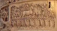 Roman legionaries crossing the Danube River by pontoon bridge, as depicted in relief on the column of Emperor Marcus Aurelius (r. 161-180 AD) in Rome, Italy