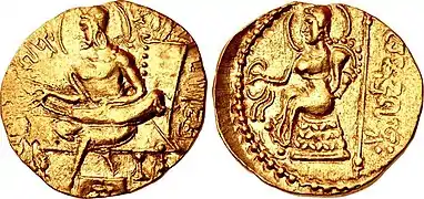 Samudragupta (left) playing a musical instrument; Goddess, right, c 335-380