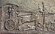 Sargon II in his royal chariot, tramping a dead or dying enemy, part of a war scene from Khorsabad, Iraq. The Iraq Museum