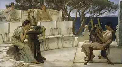 Alcaeus of Mytilene playing a cithara while Sappho listens in Sappho and Alcaeus by Lawrence Alma-Tadema (1881; The Walters Art Museum).