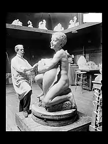 Lorado Taft at work on Fountain of the Great Lakes in 1913 in his Midway Studios