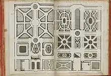 Image 5Opening from the 1712 English edition of The Theory and Practice of Gardening - Wherein is Fully Handled all that Relates to Fine Gardens, Commonly called Pleasure-Gardens, as Parterres, Groves, Bowling-Greens &c. Suggested schemes for gardens of 6 (left) and 12 (right) acres. (from Garden writing)