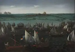 Dutch gueux de mer engage the Spanish at the battle of Haarlemmermeer, 1573; painting by Hendrick Cornelisz Vroom, ca. 1621.
